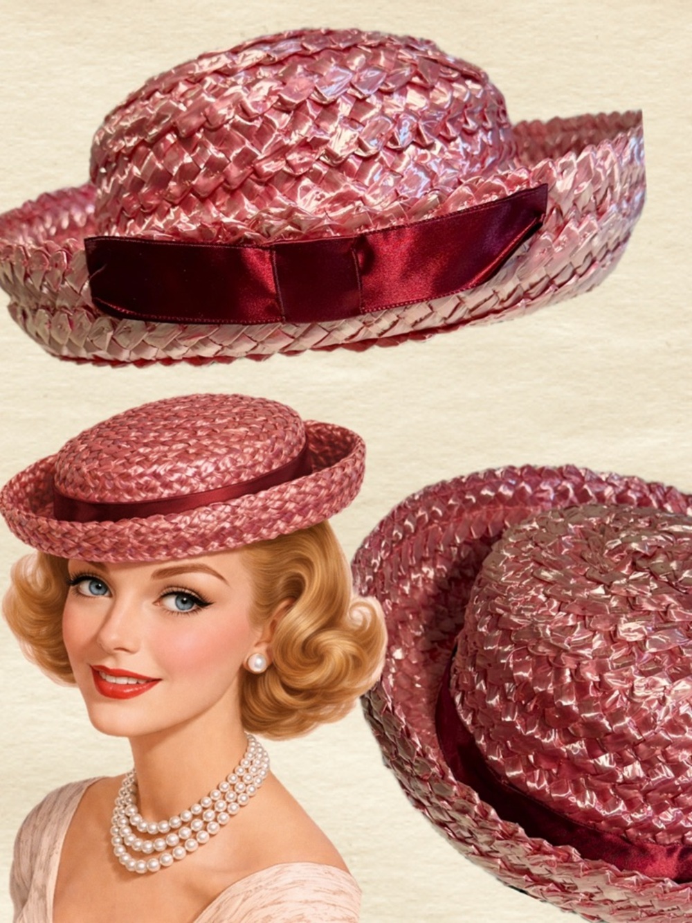 VINTAGE raspberry straw hat 50s 60s bowler church dressy ribbon bow mid century